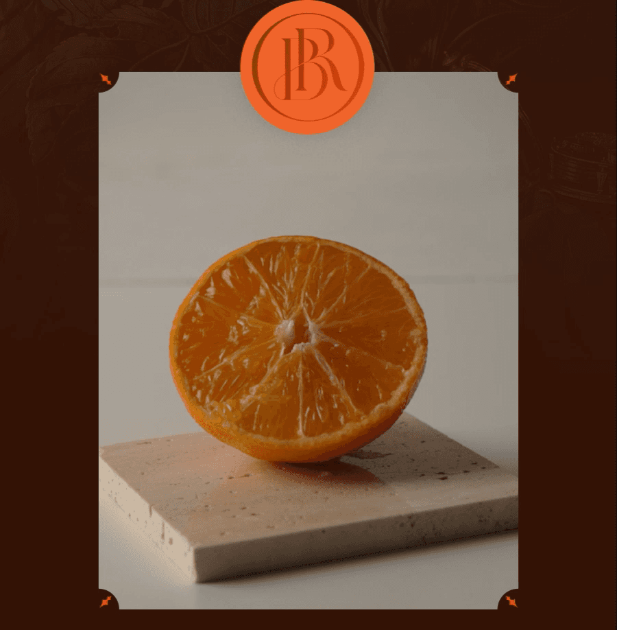 무광 오렌지 색 배경에 브리앙유 로고와 반으로 자른 오렌지의 이미지
